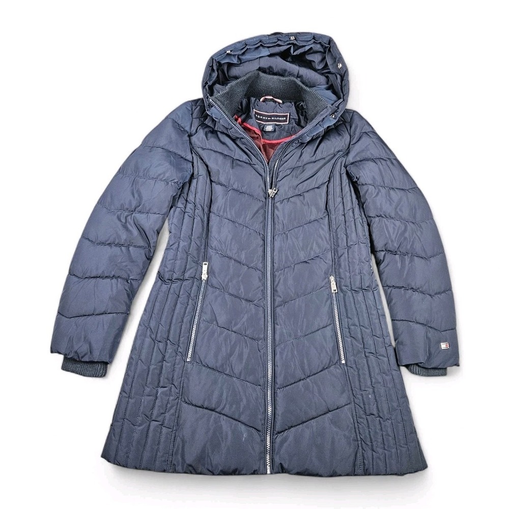 Tommy Hilfiger Womens Small Navy Hooded Puffer Coat Long Jacket